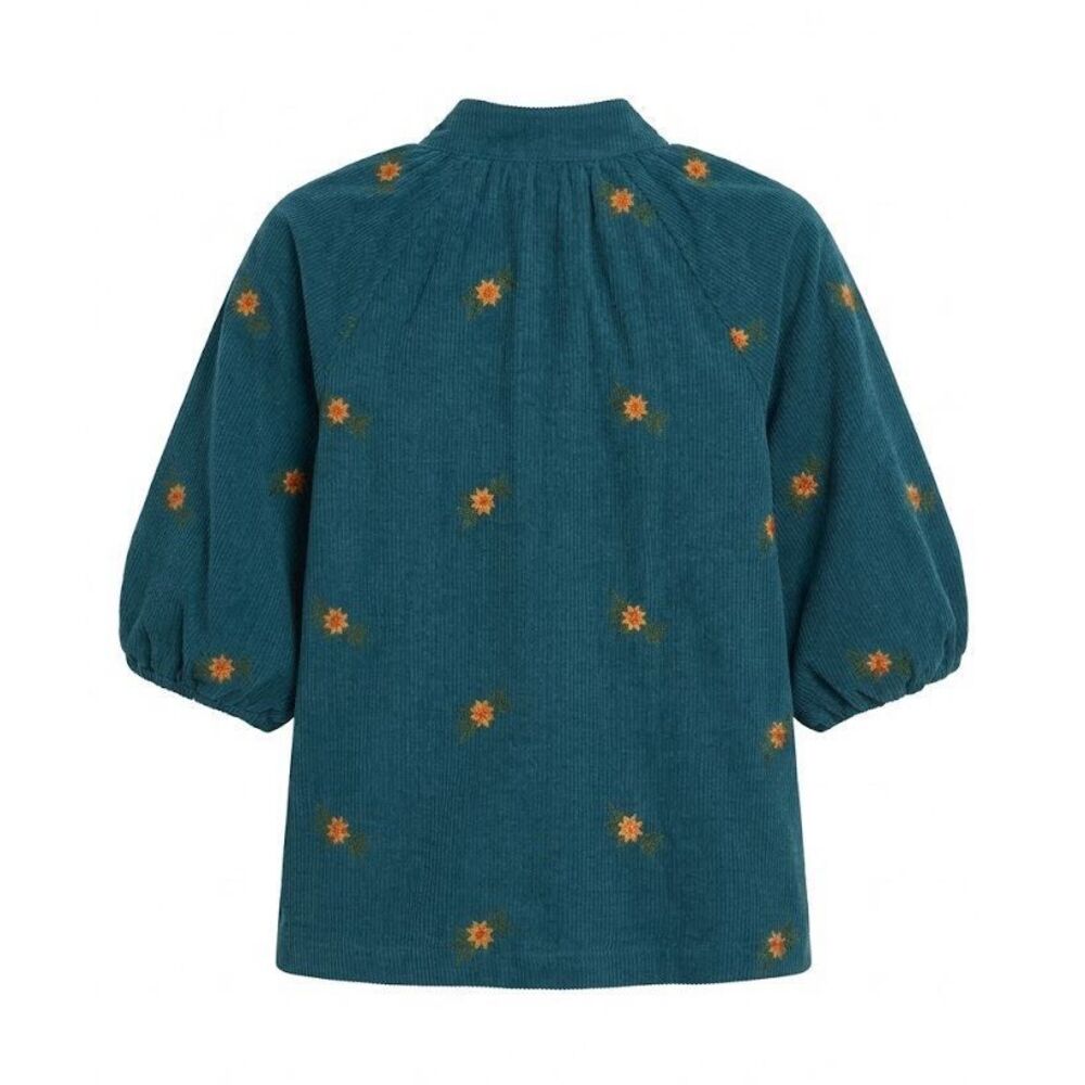 NWT Umgee Teal Corduroy Puff-Sleeve Blouse with Orange Floral Embroidery - Picture 2 of 7